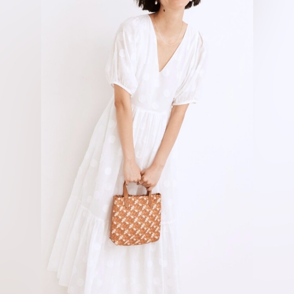 Madewell Dot Jacquard Puff-Sleeve Tiered Midi Dress
